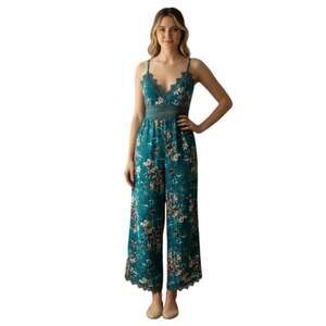 Women's Teal Floral Lace Trim Wide Leg Jumpsuit Spaghetti Strap V-Neck, S